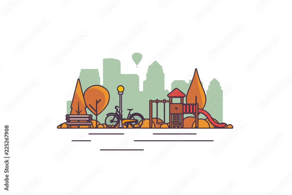Fototapeta premium Public park in the city in autumn with children playground. Vector illustration.