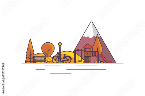 Vector illustration: Autumn playgound landscape with mountains lake, trees and fall leaves 