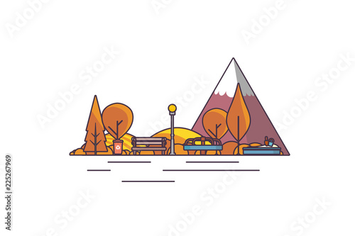 Vector illustration: Autumn playgound landscape with mountains lake, trees and fall leaves 