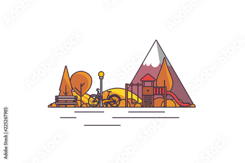 Vector illustration: Autumn playgound landscape with mountains lake, trees and fall leaves 