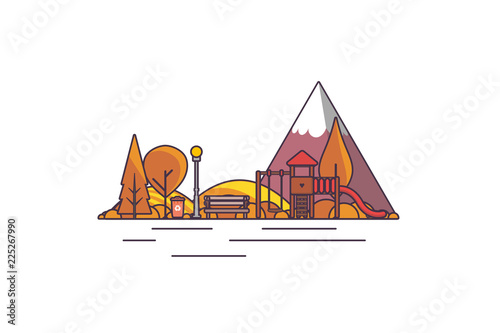 Vector illustration: Autumn playgound landscape with mountains lake, trees and fall leaves 