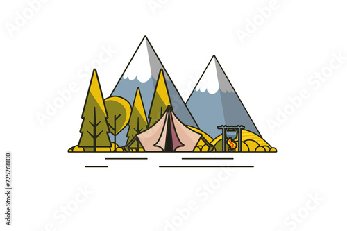 Sunny day landscape illustration in flat design,  outline stroke style with tent, campfire, mountains, forest and water. Background for summer camp, nature tourism, camping or hiking design concept.