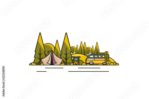 Sunny day landscape illustration in flat design,  outline stroke style with tent, campfire, mountains, forest and water. Background for summer camp, nature tourism, camping or hiking design concept.