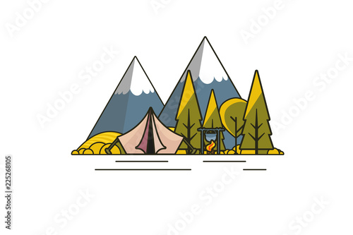 Sunny day landscape illustration in flat design,  outline stroke style with tent, campfire, mountains, forest and water. Background for summer camp, nature tourism, camping or hiking design concept.