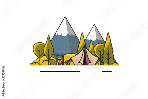 Sunny day landscape illustration in flat design,  outline stroke style with tent, campfire, mountains, forest and water. Background for summer camp, nature tourism, camping or hiking design concept.