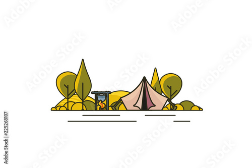 Sunny day landscape illustration in flat design,  outline stroke style with tent, campfire, mountains, forest and water. Background for summer camp, nature tourism, camping or hiking design concept.