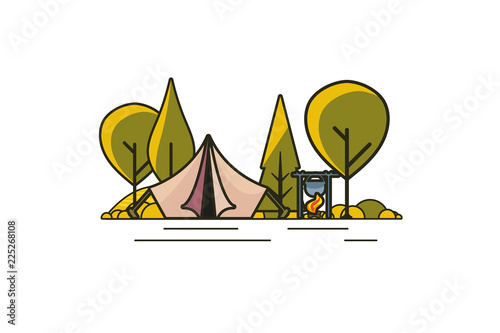 Sunny day landscape illustration in flat design,  outline stroke style with tent, campfire, mountains, forest and water. Background for summer camp, nature tourism, camping or hiking design concept.