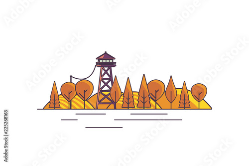 Vector Flat Art landscape outline stroke design, with fire lookout tower in autumn.