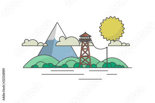 Vector Flat Art landscape with outline stroke design, with fire lookout tower