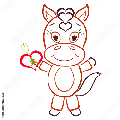 Cheerful horse with Christmas tree decoration in the shape of a heart
