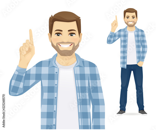 Man in casual clothes pointing up vector illustration isolated