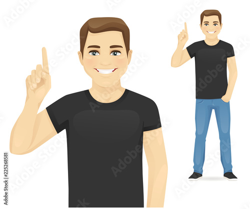 Man in casual clothes pointing up vector illustration isolated