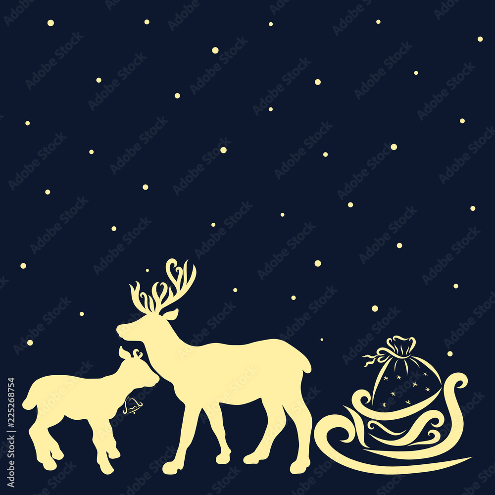 Deer on a dark background, sleigh of Santa Claus, snowfall