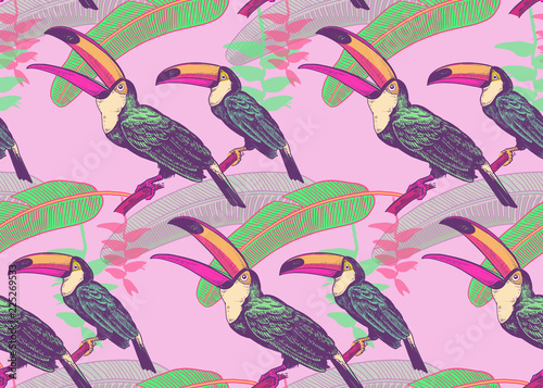Floral seamless pattern with birds toucans and tropical leaves and flowers.