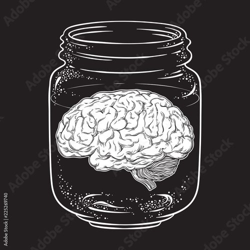 Human brain in glass jar isolated. Sticker, print or blackwork tattoo design hand drawn vector illustration