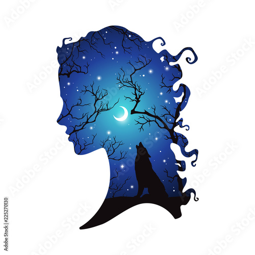 Double exposure silhouette of beautiful woman with shadow of wolf in the night forest, crescent moon and stars. Sticker or tattoo design vector illustration. Pagan totem, wiccan familiar spirit art