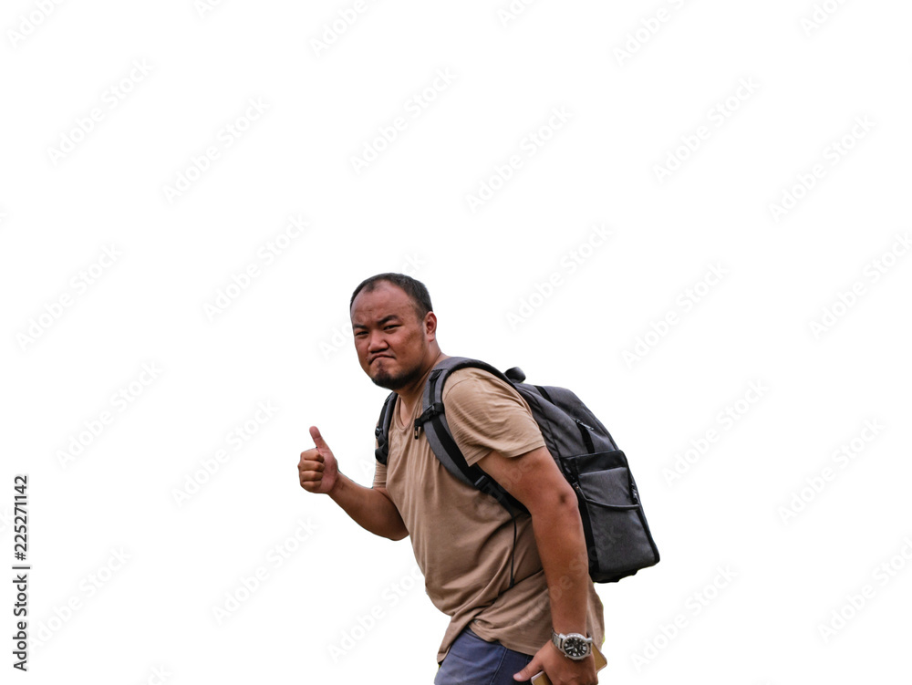 Back of Asian fat backpacker on isolated background. Back of Asian fat backpacker on isolated background.