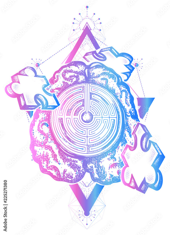 Fototapeta premium Magic brain labyrinth and jigsaw puzzle. Symbol of logic, education, solution of tasks, psychology, philosophies. Puzzle tattoo and t-shirt design art