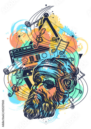 Fashionable bearded man and old audio cassette watercolor splashes style tattoo. Bearded hipster in earphone listens to music. Symbol of pop music, hard rock, heavy metal, disco t-shirt design