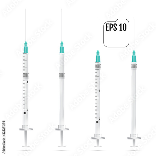 Vector set of realistic insulin syringe with needle, isolated on white