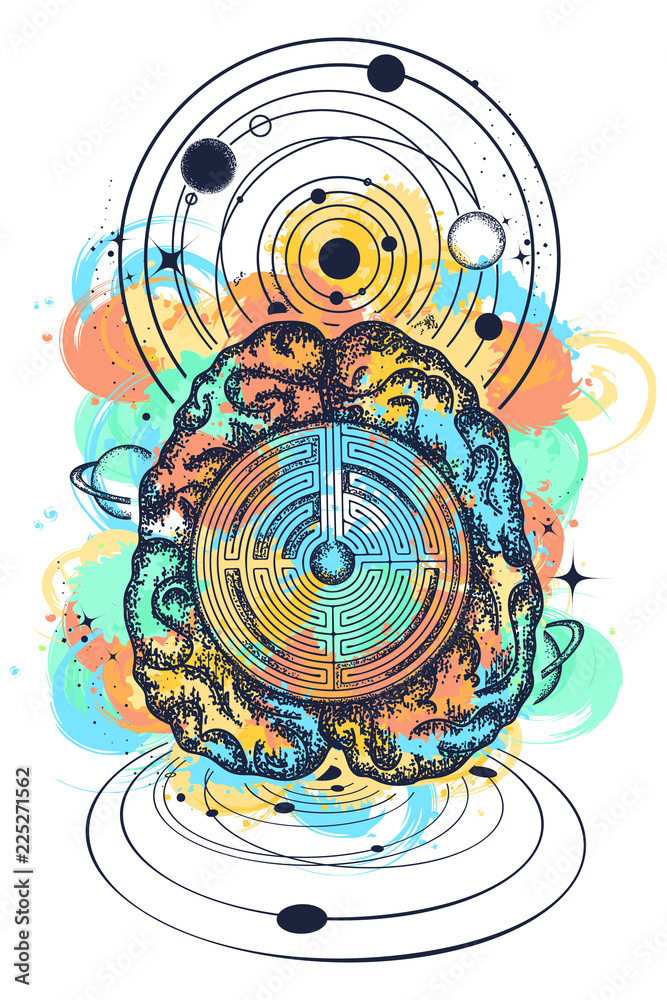 Brain and universe watercolor splashes style tattoo art. Symbol of ...