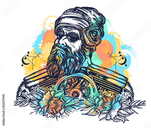 Biker tattoo watercolor splashes style. Bearded hipster in earphone listens to music. Symbol of pop music, hard rock, heavy metal, biker t-shirt design