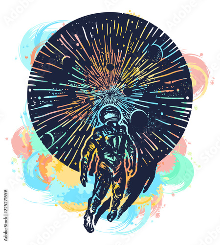 Astronaut in space watercolor splashes style tattoo art. Concept of science, astronomy, education, future t-shirt design. Spaceman in Universe