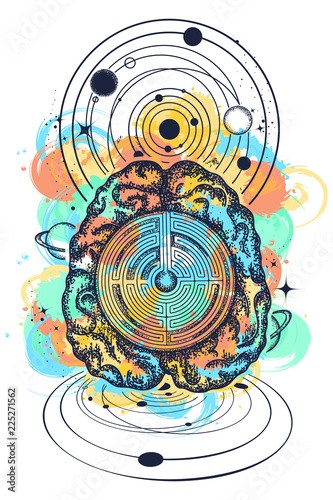 Brain and universe watercolor splashes style tattoo art. Symbol of psychology, philosophy, creativity, intelligence. Super brain solves problems t-shirt design. Artificial intelligence of the future