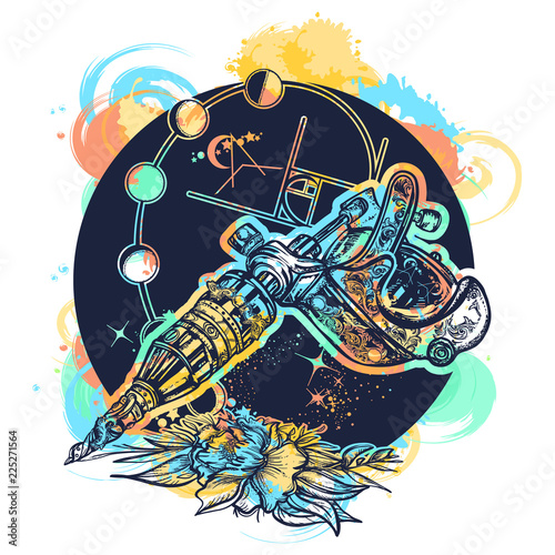 Tattoo machine and rose t-shirt design watercolor splashes style. Symbol of tattoo studio
