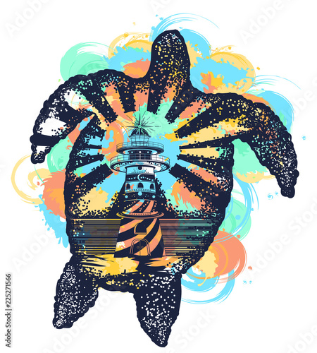 Turtle double exposure animals tattoo art and t-shirt design watercolor splashes style. Symbol of tropical travel, adventure, surf. Lighthouse on edge of cliff