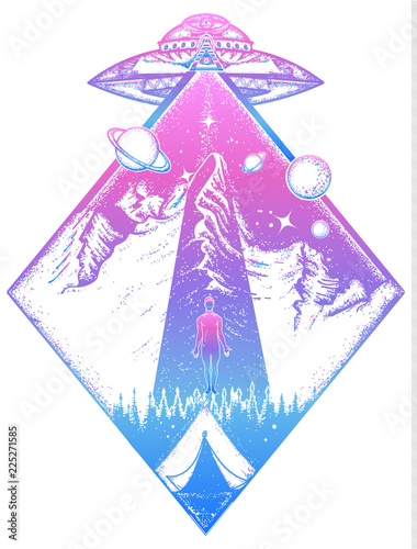 Mystical symbol paranormal phenomena,  first contact, UFO kidnapped  tourist from tent in mountains. UFO tattoo art and t-shirt design. Invasion of aliens. Aliens kidnap human