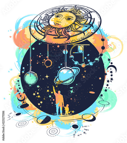 Human and Universe watercolor splashes style tattoo art. Boundless Universe, planets and stars t-shirt design. Symbol solar system, science, religion, astrology, astronomy