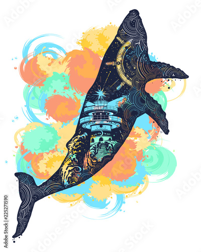 Magic whale tattoo art watercolor splashes style.  Double exposure animals t-shirt design. Symbol Travel, adventure tourism. Lighthouse and waves inside  whale