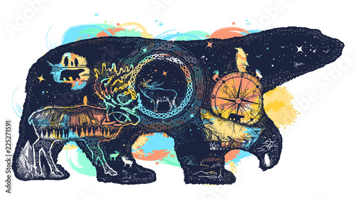 Polar white bear watercolor splashes style double exposure tattoo art and t-shirt design. Symbol of Arctic, Antarctica, tourism, adventure, northern animals