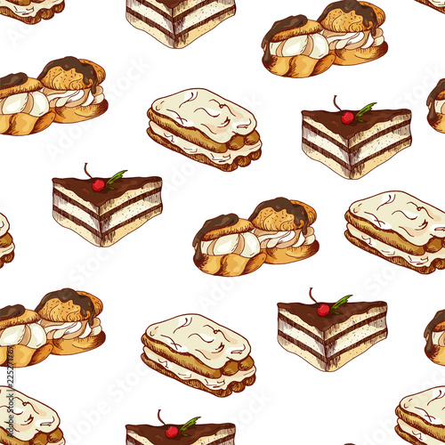 Seamless pattern with desserts. Hand drawn pancakes and buns. Vector illustration for your design