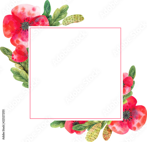 Painted Blank Watercolor Flower Frame Square Border Background.