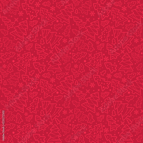 Vector seamless simple pattern with christmas fir trees, snowflakes, stars. Elegant holiday red background for printing on fabric, paper for scrapbooking, gift wrap and wallpapers.