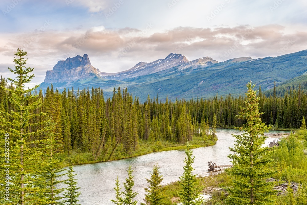 View of the Canadian rockies massif with the Bow River