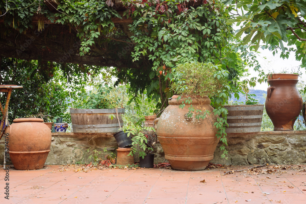 Different types of flower pots in a small village of medieval origin
