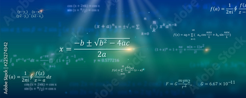 Mathematical formulas. Abstract background with Math equations floating on space. Pattern for cover, presentation, leaflets. Vector 3D illustration. Concept of calculation and search of various data.