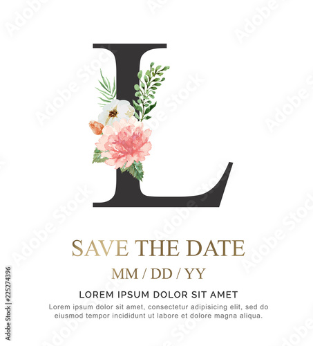 Alphabet L flower font made of paint floral and leaf watercolor on paper. Vector Hand Drawn letter A paint luxury design. Sweet collection for wedding invites decoration card and other concept ideas.