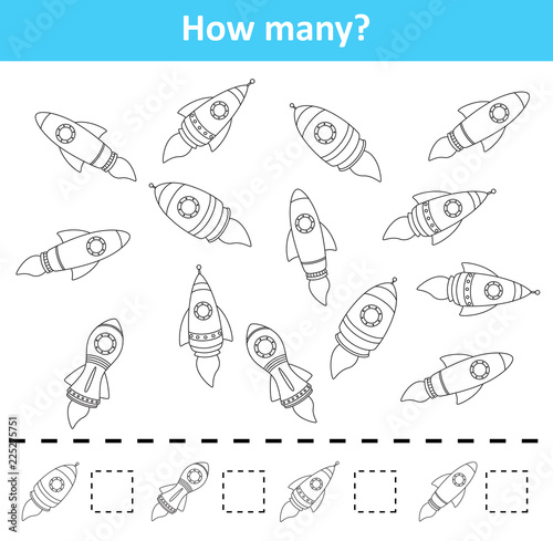 Counting game for preschool children. Count how many rocket ship objects