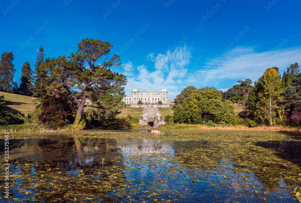 Obraz premium Enniskerry, Ireland, 24th of September 2018. Powerscourt House at Powerscourt Garden. Panoramic view. It's one of leading tourism attractions in Ireland.