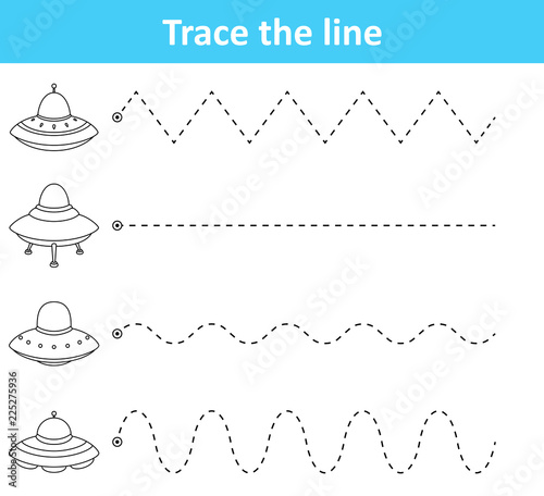 Trace line worksheet for preschool kids with spaceship