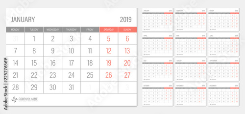 2019 calendar week start Monday corporate business luxury design layout template vector.