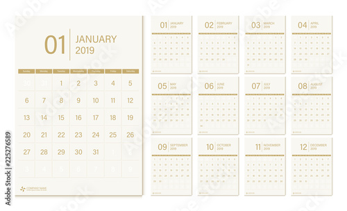 2019 calendar week start Sunday corporate business luxury design layout template vector.