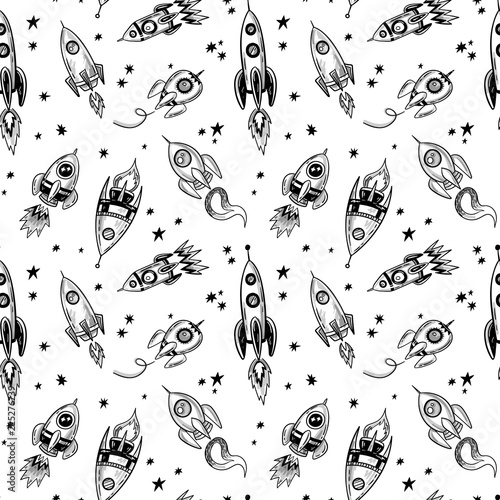 Doodle spaceship and stars pattern, Hand drawn, sketch seamless space rocket print.