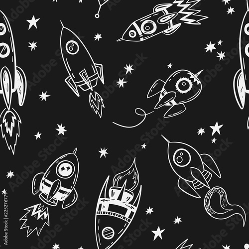 Doodle spaceship and stars pattern, Hand drawn, sketch seamless space rocket print on a blackboard background