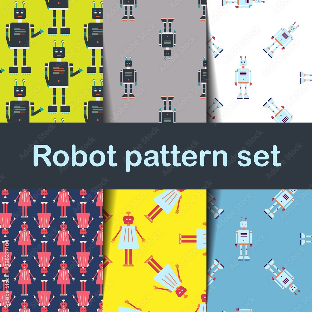 Robot seamless pattern set in flat style.