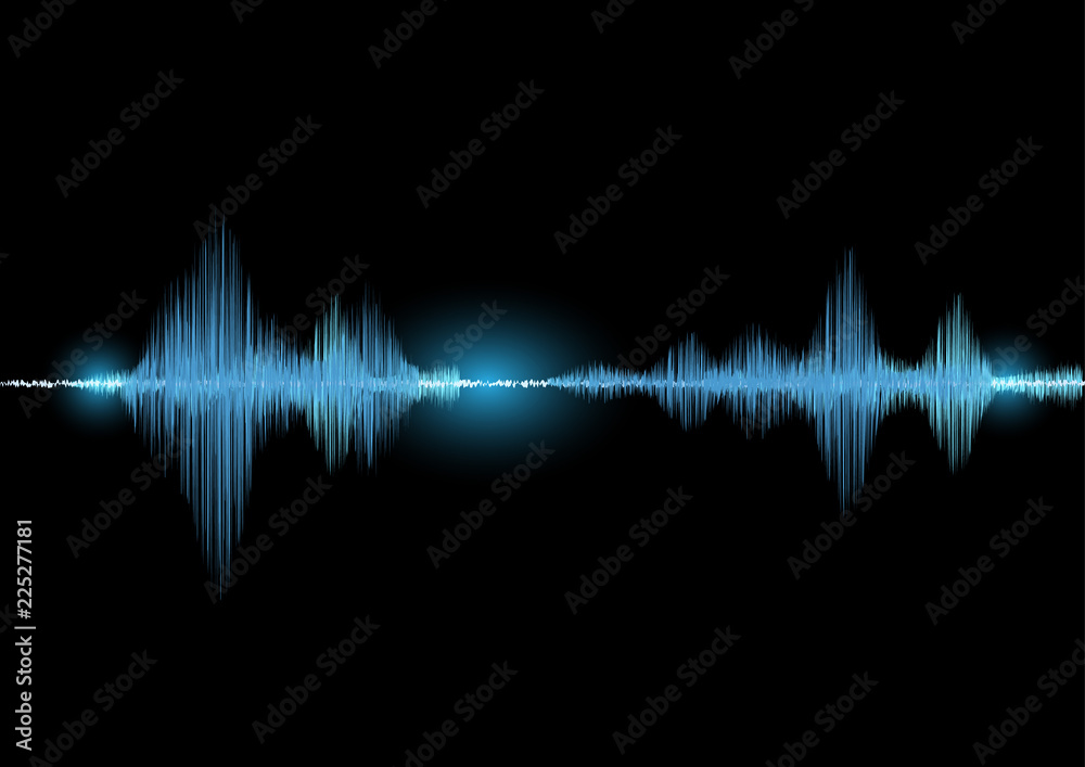 Sound waves oscillating glow light in blue tone on black background